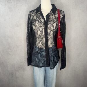Bar III Black Sheer Long Sleeve Lace Button Up Size Medium